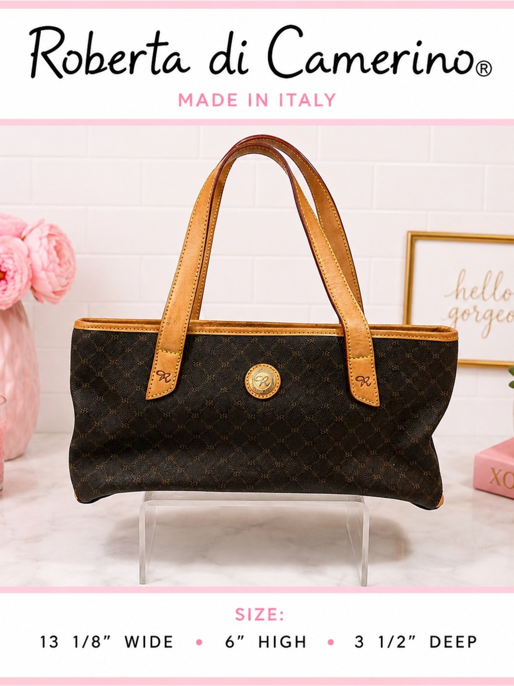 Roberta di Camerino Dark Brown Logo Canvas Tote with Tan Leather Handles